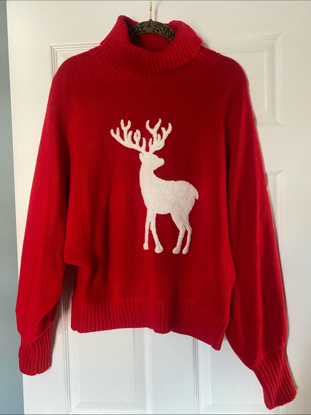 SHEIN Red Turtleneck Sweater with White Reindeer Motif